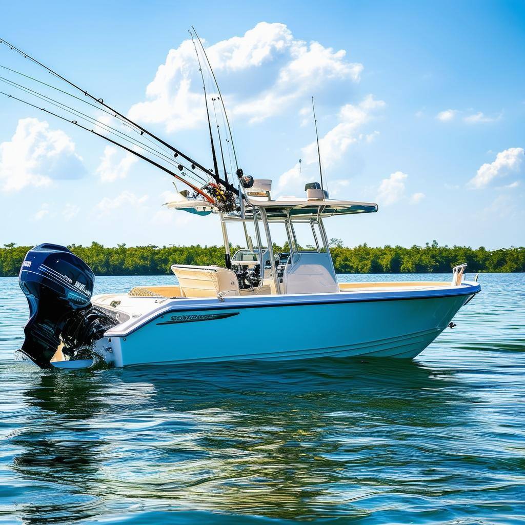 fishing boat center console in the water, one engine in back of boat